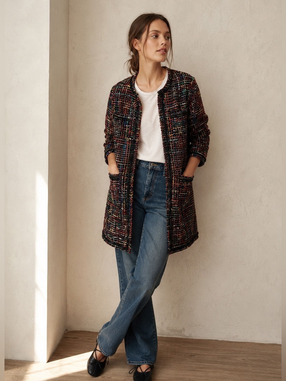 Anthropologie Ett Twa Berwyn Rainbow Tweed Mid length coat silk blend S NWT